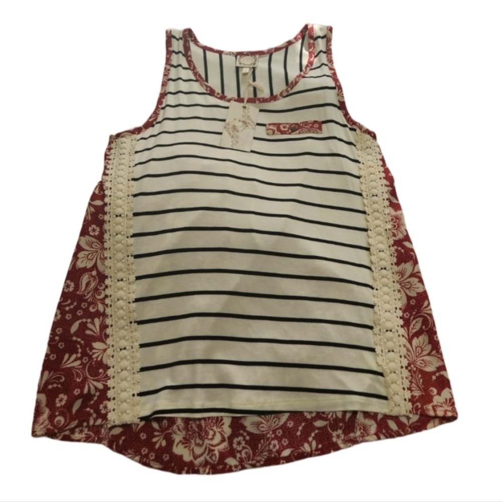 Thu Striped Long Tank Top With Red Floral Back